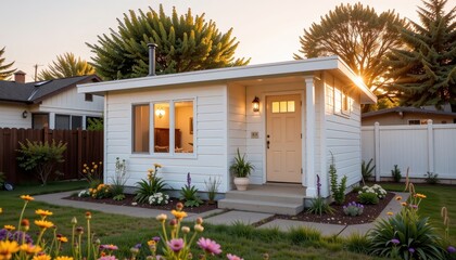 Accessory dwelling unit. Charming small house with garden at sunset.