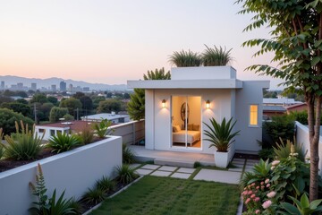 Accessory dwelling unit. Modern small home with a garden and urban skyline in the background.
