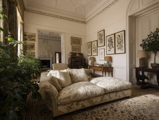 A comfortable, patterned chaise lounge in a sunlit room.