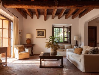 A sun-drenched living room with exposed beams and a neutral color palette.