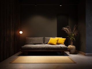 A dark, cozy living space with a muted color palette.