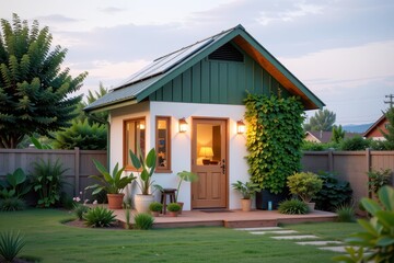 Accessory dwelling unit. Cozy modern home surrounded by lush greenery and plants.