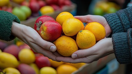 A Close-Up of Hands Holding Fresh Apples and Oranges Together