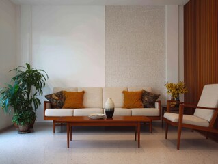 Mid-century modern living room with wooden furniture and beige upholstery.