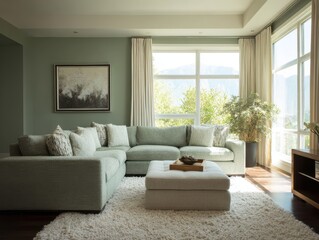 Modern living room with sectional sofa and ottoman.