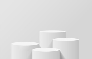Abstract clean realistic 3d white cylinder podium. Minimal wall scene for product mockup. Vector geometric platform. 3d stage for product presentation. Studio room with 3d pedestal vector rendering.