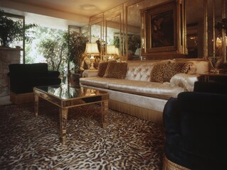 Luxurious living room with ornate furniture and a leopard print rug.