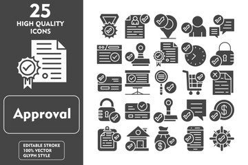 Approval Glyph Icon Set. Incleded Icons Credit Card, Medal, Resume, Location, Verified User, Chat, Website, Stamp, Certificate, Clock, Padlock. Vector Icons Collection