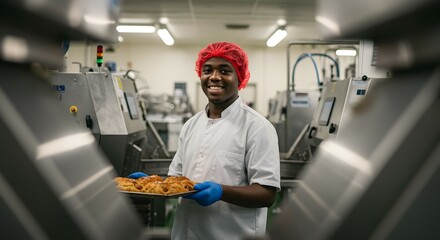 Smiling young African food industry worker in a professional uniform holding a tray of fresh pastries between industrial machinery in a modern bakery factory.