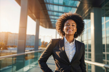 Successful happy African American young businesswoman manager standing in front of a building with a glass facade in the rays of the sun