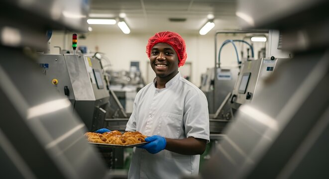 Smiling young African food industry worker in a professional uniform holding a tray of fresh pastries between industrial machinery in a modern bakery factory.