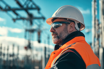 Engineer working at electrical substation wearing orange vest and hard hat on sunny day with blue sky