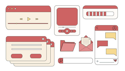 Retro window browser frame y2k interface doodle old border, chat or dialog box, player search box. Desktop ui screen vintage aesthetic. 