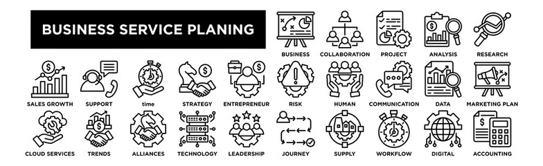 Business Service planing icon collection set. Business Plan, Team Collaboration, Project Management, Financial Analysis, Market Research