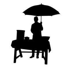 Fototapeta premium Silhouette of vendor raising umbrella on market table, black and white stall setup