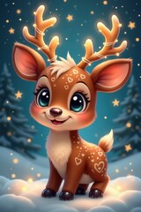 Cute animated reindeer stands in a snowy forest during a winter night filled with sparkling stars and gentle snowfall