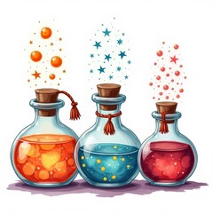 Colorful magical potions in glass bottles with sparkles and bubbles for fantasy themes and creative compositions