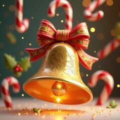 Golden bell decorated with a festive bow and surrounded by candy canes during a holiday celebration
