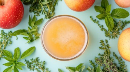Cider with apples and spices natural. Refreshing apple drink surrounded by fresh apples and herbs on a light blue background.