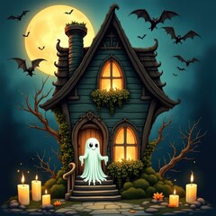 Haunted house at night with a friendly ghost, bats, and glowing candles creating a spooky atmosphere