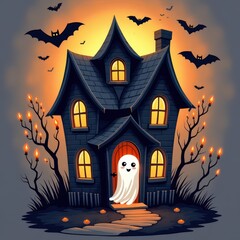 Haunted house with ghost and bats in a spooky night setting for Halloween celebration