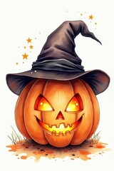 Brightly lit jack-o'-lantern wearing a witch hat celebrates Halloween spirit amidst autumn decorations and playful atmosphere