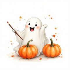 Cute ghost with pumpkins and stars celebrating Halloween in a cheerful autumn setting