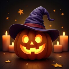 Colorful Halloween pumpkin wearing a purple witch hat surrounded by glowing candles and star decorations on a dark background