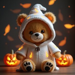Cute teddy bear in a white ghost costume with glowing design and pumpkins during Halloween celebration
