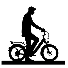 Silhouette of man riding e-bike, black and white urban mobility concept