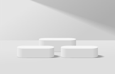 Abstract realistic white 3d round podium for product display stand with light shining shadow on wall. Minimal scene for product display mockup. Vector geometric platform design. 3d vector rendering.