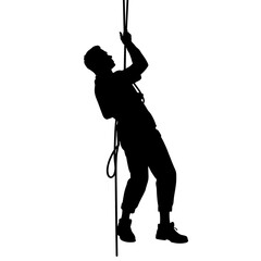 Silhouette of person in fall-arrest drill with safety cable, black and white training scene