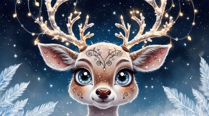 Cute reindeer with bright blue eyes and decorated antlers glowing with lights in a whimsical winter landscape