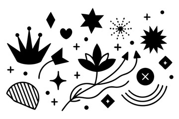 Fototapeta premium Abstract black and white decorative elements set featuring crowns stars hearts and various geometric shapes on white