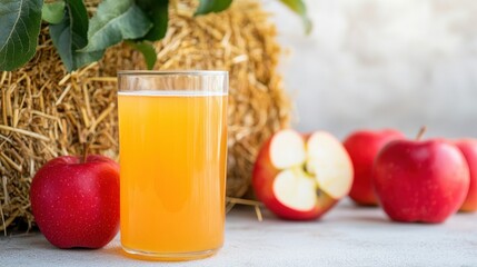 Fototapeta premium Cider with apples and spices natural. Fresh apple juice in a glass with whole and sliced apples beside a straw bale.