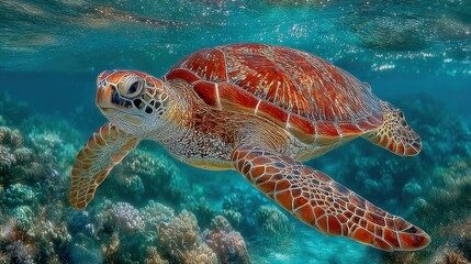 Obraz premium Graceful sea turtle with reddish-brown and orange shell swims through clear blue ocean waters, flippers extended and scaly details visible, surrounded by vibrant coral reef in shades of green, pink, a