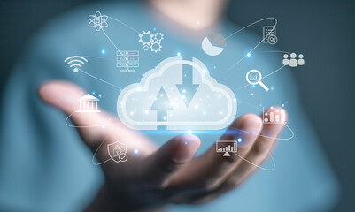 	
Businessmen use computers to visualize large online data in the cloud. It is a cloud server backup platform technology to ensure the safety of business data communications and data download systems.