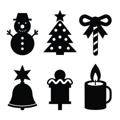 Simple black and white christmas icons including snowman christmas tree and bell