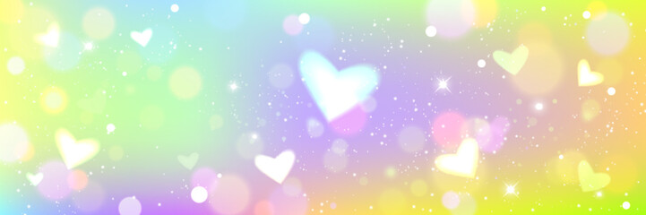 Pastel rainbow gradient background with white heart glitter, bokeh lights and sparkles. Dreamy magical shimmering fairy tale backdrop for fantasy designs, girly party invitations, unicorn themed decor © klyaksun