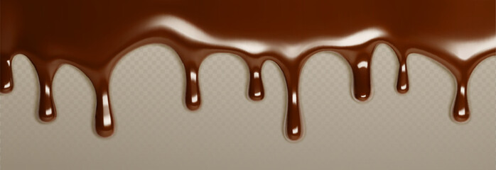 Flowing chocolate drip border - sweet brown melted liquid dripping from top on transparent background. Delicious dark cocoa cream or hot fudge sauce drops for dessert topping or candy packaging design
