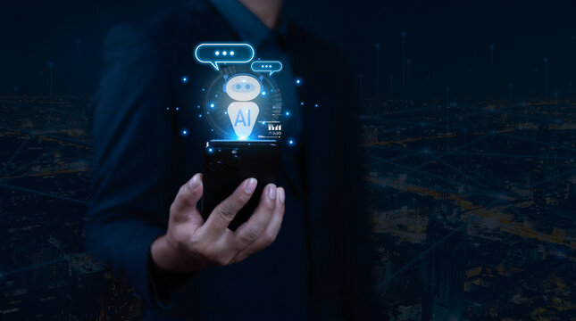 AI chatbots with virtual assistant tools and icons representing business, technology, and customer support, while also generating content and communicating through on-screen chat boxes	
