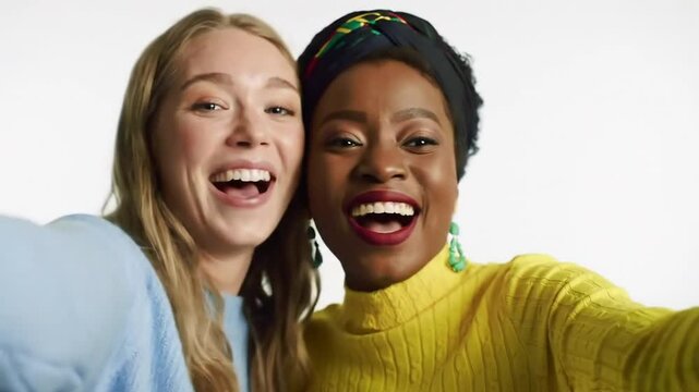 Joyful Friendship and Diversity &ndash; Happy Women Smiling Together, portrait of a happy young girl bestie doing selphy