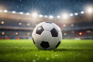 Obraz premium Soccer ball on field during rain at stadium night background