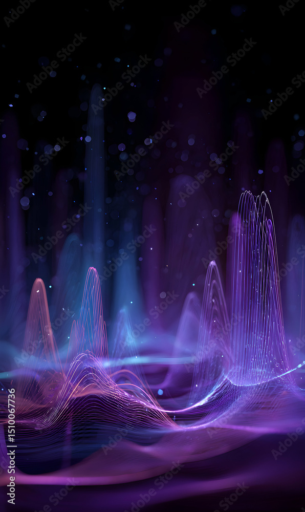 Poster elegant shimmering spectrum data wave visualization with ethereal light effects and graceful curves 