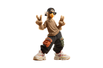 Bird character wearing backwards cap, sunglasses, brown shirt, dark cargo pants with orange pockets, colorful sneakers, isolated on a transparent background