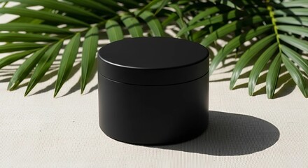 Black cosmetic container with a smooth matte finish, placed on a textured surface surrounded by lush green palm leaves, showcasing elegant packaging design and natural elements