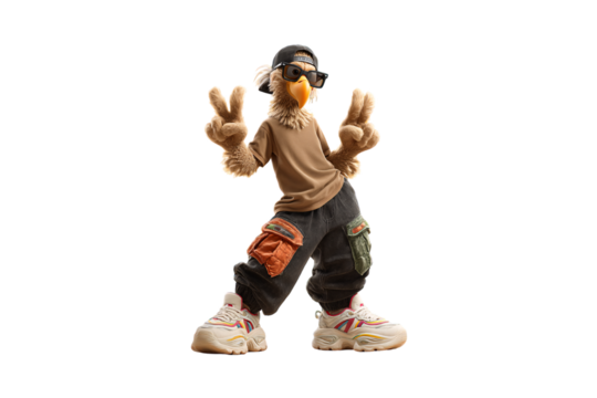 Bird character wearing backwards cap, sunglasses, brown shirt, dark cargo pants with orange pockets, colorful sneakers, isolated on a transparent background
