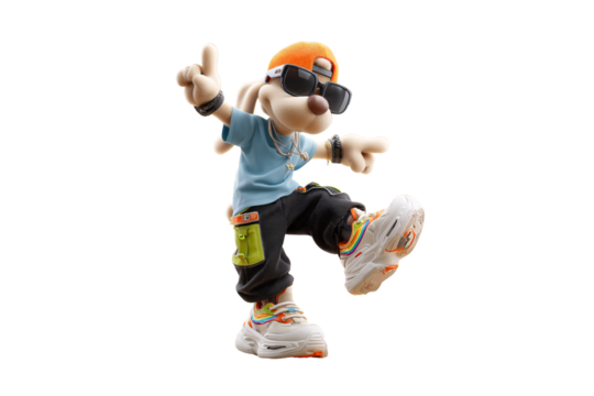 Cartoon character in orange beanie, sunglasses, light blue shirt, dark cargo pants, colorful sneakers, dynamic pose, isolated on a transparent background