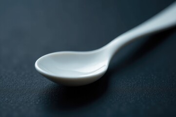 A single white spoon sits on a table with a simple and clean background