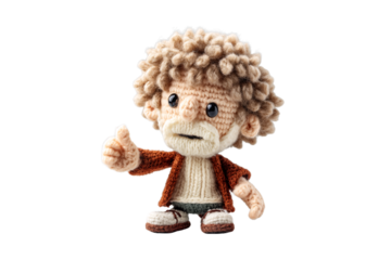 Crocheted hobbit-like character with curly brown hair wearing red jacket waving hand in friendly gesture, isolated on a transparent background